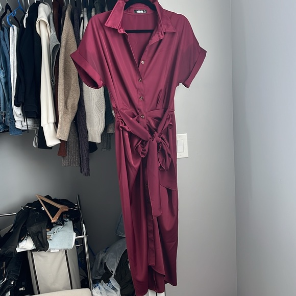 Amazon BTBFM Satin-like Burgundy Button-Up Dress, worn once - Picture 2 of 8
